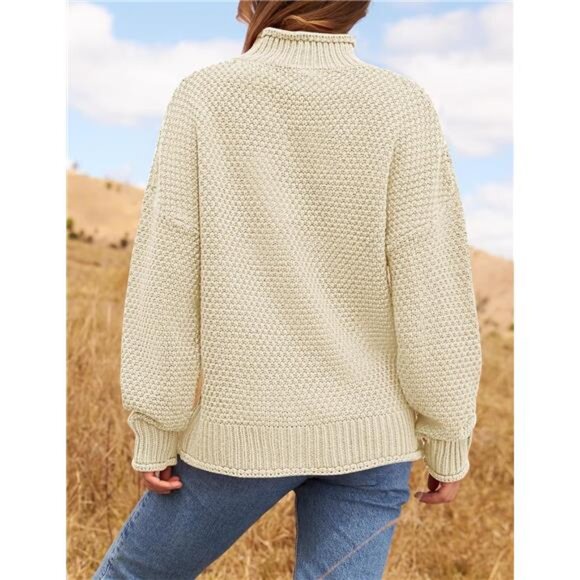 Women's Turtleneck Batwing Sleeve Oversized Chunky Knit Pullover Sweater - Picture 3 of 7